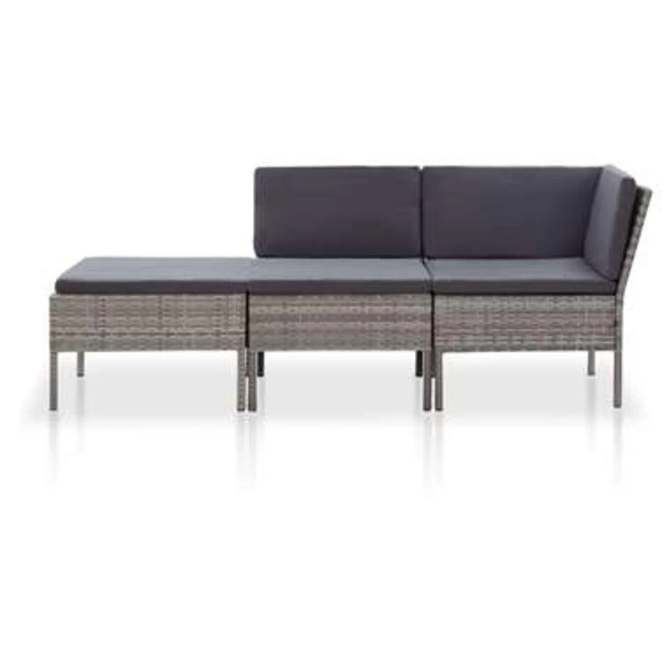 VidaXL 3-delige Loungeset Met Kussens Poly Rattan Grijs - Afbeelding 2