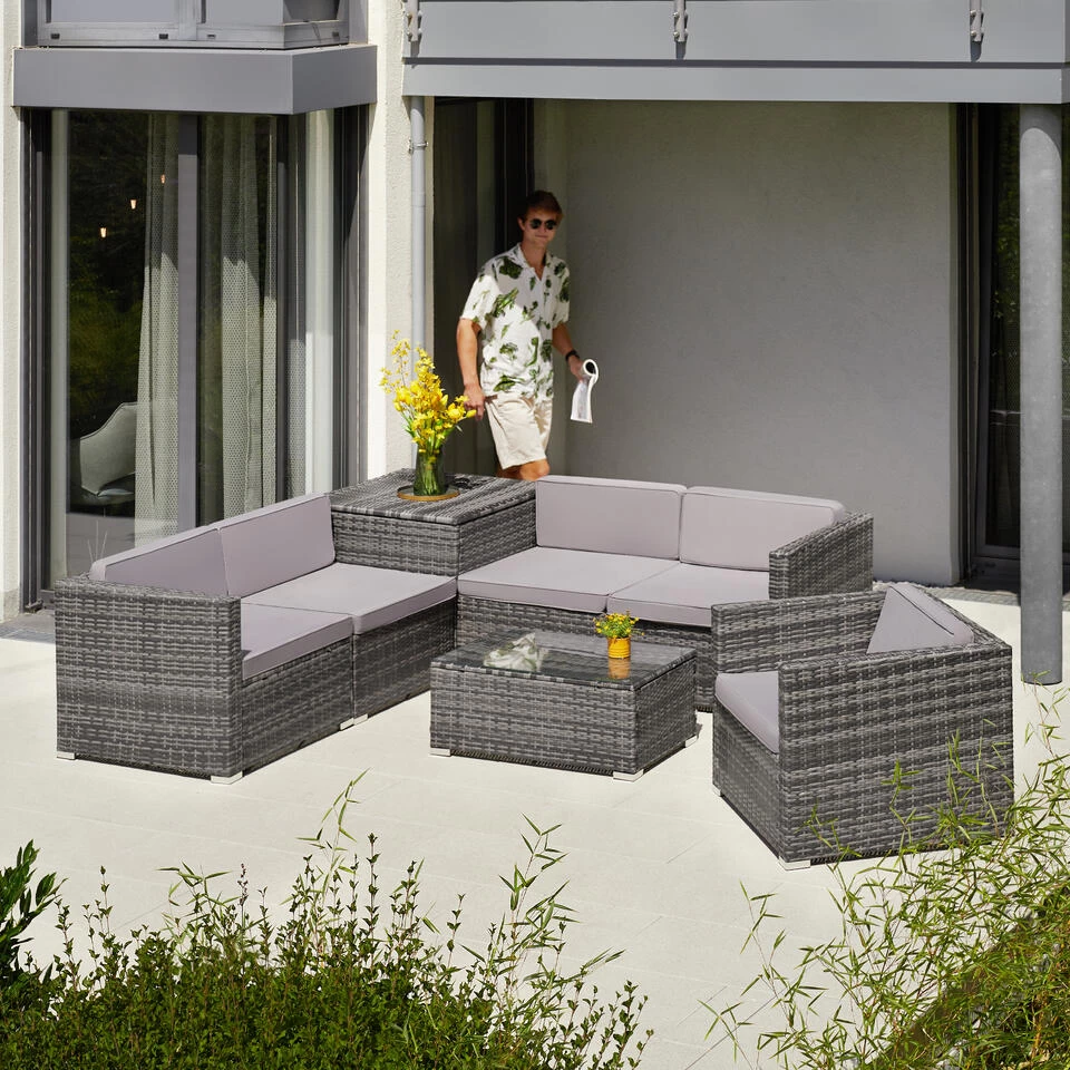 Tectake- Loungeset Pisa Met Opbergbox Kussens - Wicker - Lichtgrijs - Afbeelding 2